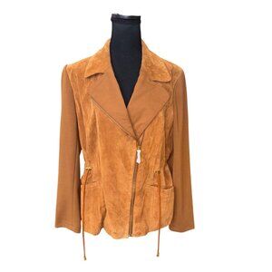New Iman Womens L Tan Cognac Genuine Leather Jacket Gold Accents Blazer S